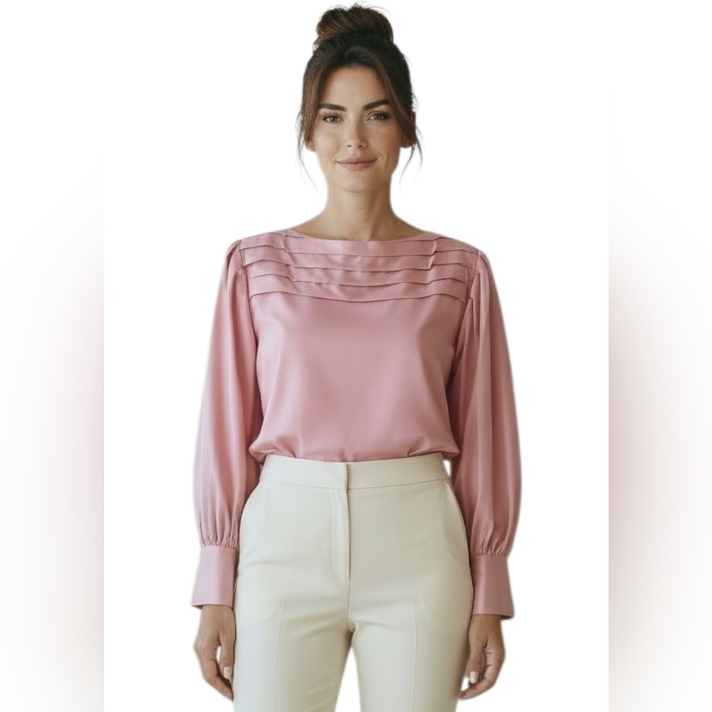 Vintage Satin Blouse With Pleated Neckline Ballet Pink Old Money Medium